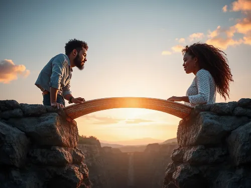 Couple building a bridge through communication over a chasm